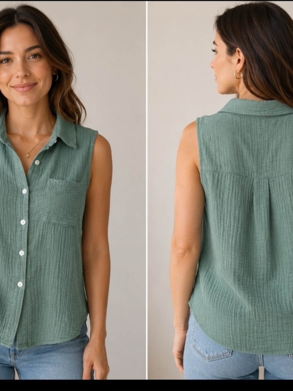 Sleeveless Button-Front Collared Top in Sage Green
